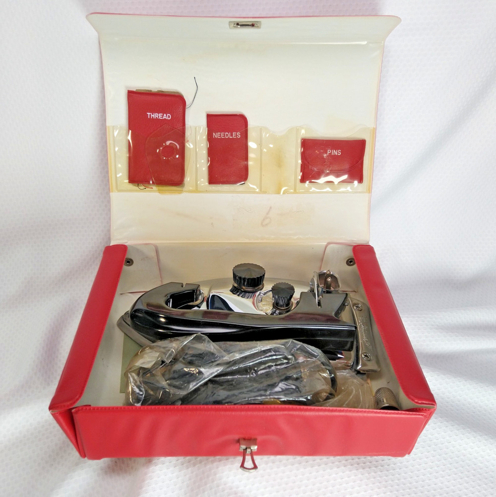 General Electric GE Universal Travel Steam Iron Chrome Red Case Sewing Kit 1950s